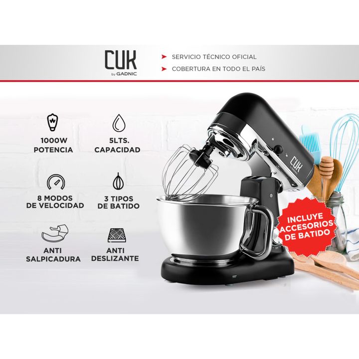 Batidora Planetaria Negra Cuk By Gadnic B3050 1000w Bowl Acero Inoxidable 5lt 8 Velocidades - Vista 2