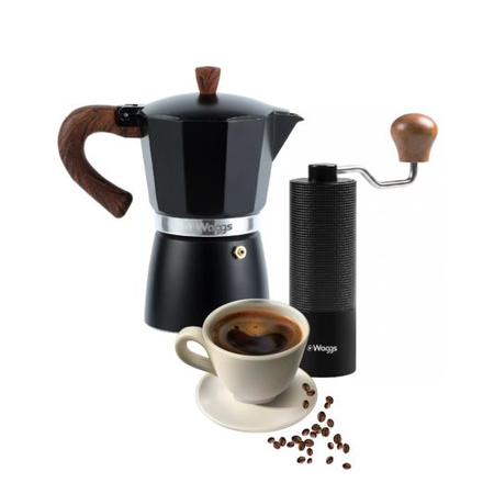 Set Cafetera Moka Italiana Y Molinillo Regulable Ainox Waggs Negro