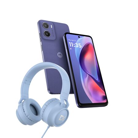 Combo Celular Motorola Moto E15 Lavender 2+64gb + Auriculares Over Ear Vincha USB-C Celeste