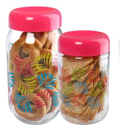 Set X 2 Frasco Vidrio Decorado Cierre Rosca Tapa Plástica Fucsia