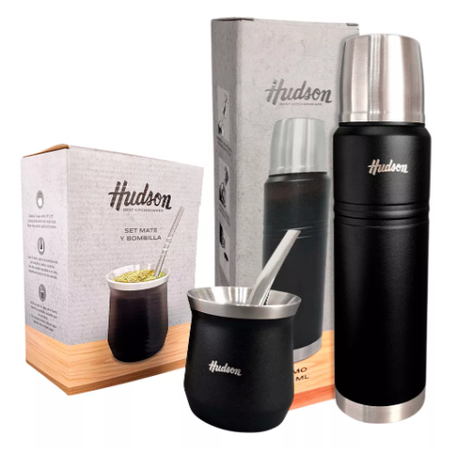 Set Hudson Negro: Mate Con Bombilla + Termo 1 Lts Acero Inox