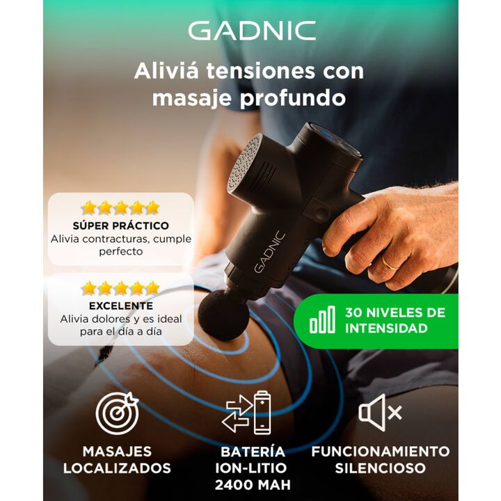 Pistola Masajeadora Gadnic Gun Alta Intensidad 30 Niveles Motor Brushless Batería 2400 mAh 3000 RPM 36 W - Vista 2