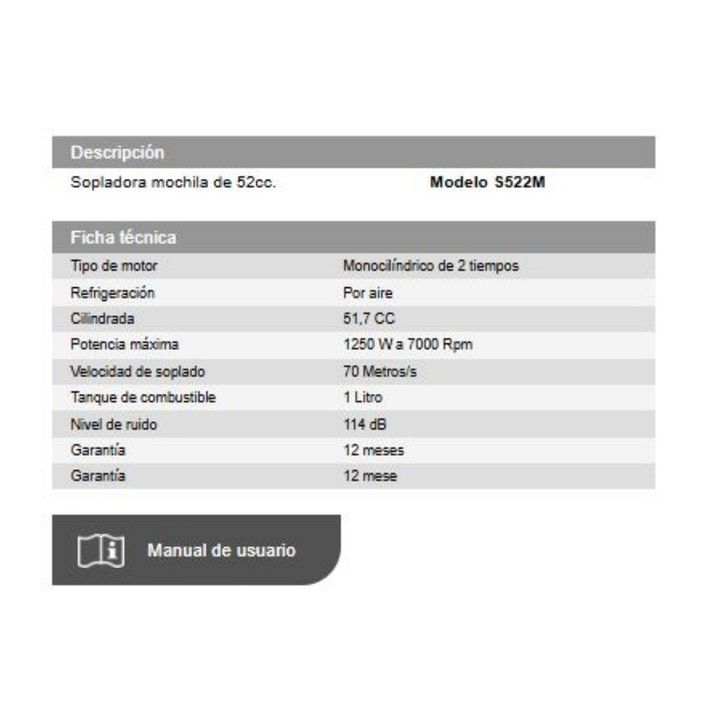 Sopladora mochila de 52cc - Modelo S522M - Vista 2