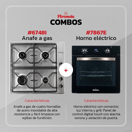Combo Florencia Horno Eléctrico Empotrable 7867E + Anafe a Gas 6748I Acero Inoxidable