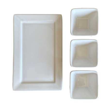 SET COPETIN BANDEJA + 3 BOWLS MINI CUADRADO BLANCO