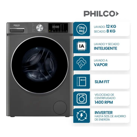 Lavasecarropas Philco Inverter 12 Kg/8 Kg Carga Frontal Acero