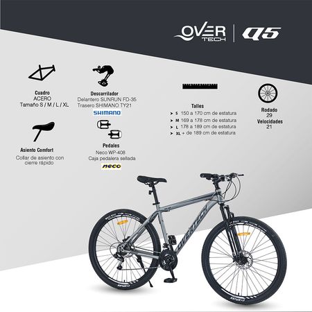 Bicicleta Mtb Overtech Q5, R29 21v Shimano, Freno Disco, Suspensión, Negro/Azul/Blanco, Talle M