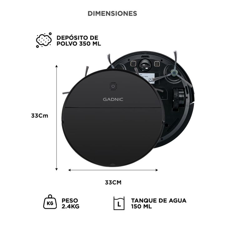 Aspiradora Robot Gadnic 3 Modos Automática Control Remoto App Mopa Tanque de Agua 150 ml Filtro Lavable Programación Auto-Recarga - Vista 6