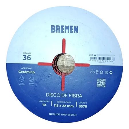Disco Fibra Bremen Ceramico 4-1/2 Pulgadas Grano 36 Set 10 Piezas