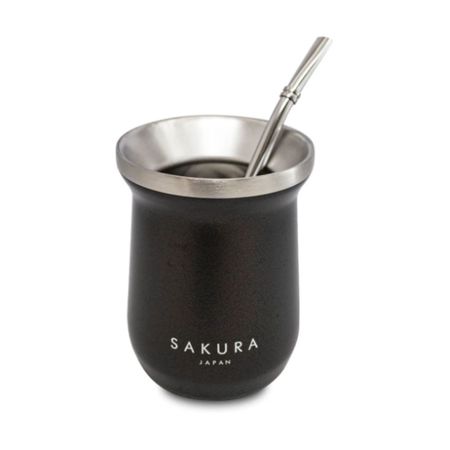 Mate Sakura Negro Con Bombilla Y Limpiador 236 ml