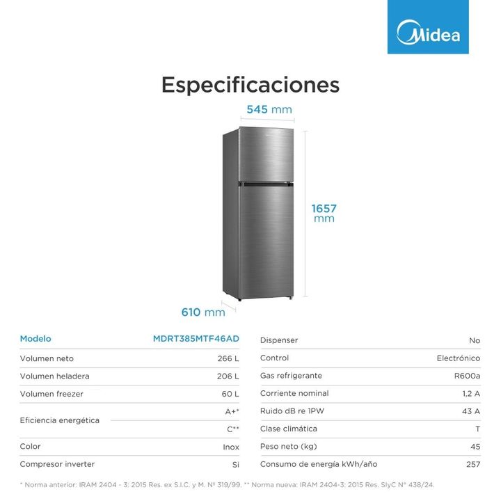 HELADERA MIDEA NO FROST INOX. 266LT MDRT385MTF46AD - Vista 2