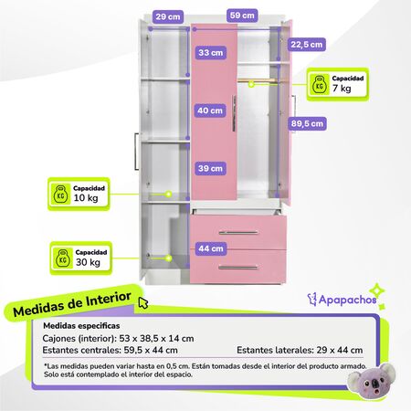 Placard Ropero Infantil Rosado 3 Puertas 2 Cajones Reforzado Maximo Fortaleza