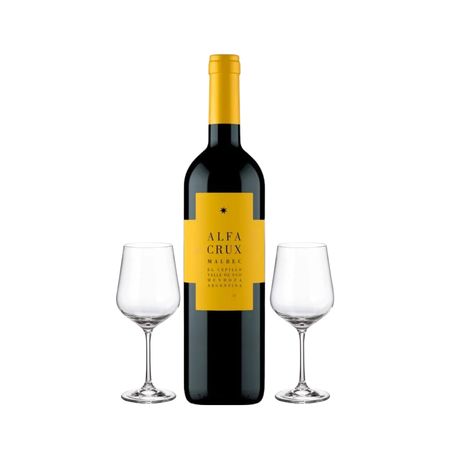 Set Vino Tinto Alfa Crux Malbec y 2 Copas Con Estuche Libro