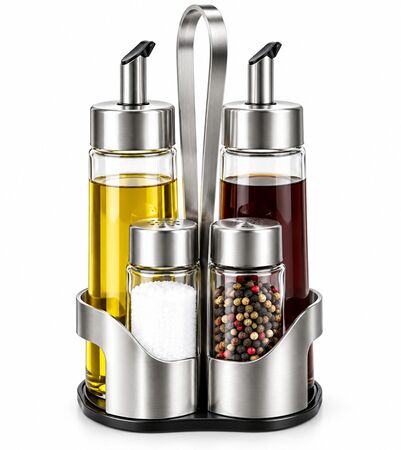 Set de condimentos de vidrio: aceitera, vinagrera, salero, pimentero