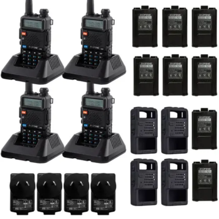 Handy Baofeng UV-5R Kit x4 Bi-Banda 8w c/ Funda Hasta 12km + 8 Baterías y 4 Manos Libres