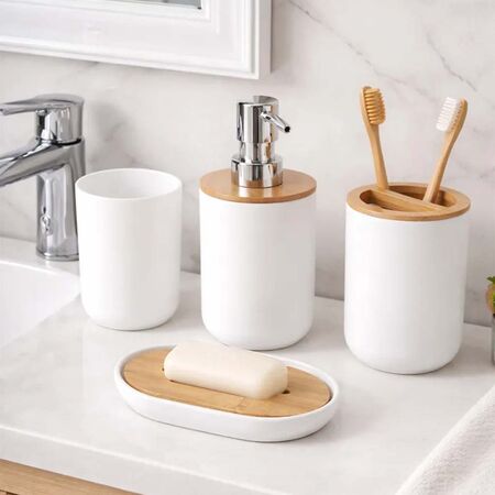 SET DE 4 PIEZAS CON JABONERA PARA BAÑO BAMBU Y BLANCO