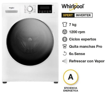 Lavarropas Automático Whirlpool WNQ07AB 7Kg 1200Rpm Inverter Blanco
