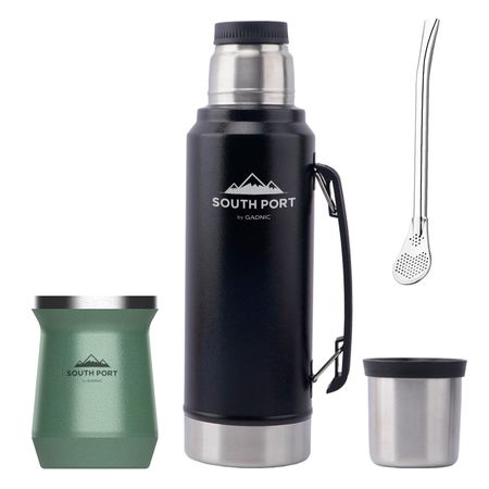 Kit de Termo Negro 1L, Mate Verde Y Bombilla South Port Acero Inoxidable