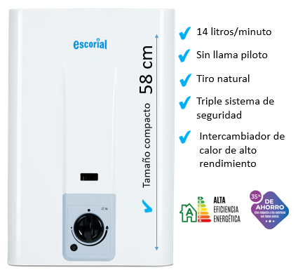 Calefon a gas ESCORIAL CE-14L 14lts GAS NATURAL sin llama piloto clase A - Vista 1