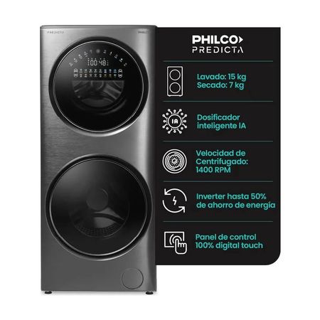 Torre Lavasecarropas con IA Philco Predicta 15kg/7kg Carga Frontal Dark Inox PHLFT157GT 