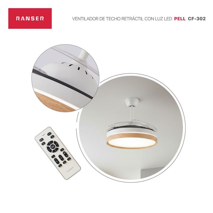 Ventilador de Techo Retractil RANSER PELL 35W Luz LED CF-302 Nordico Madera Blanco - Vista 6
