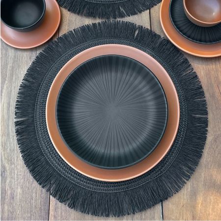 Mantel Individual de Mesa Deco Redondo Flecos 38 cm Negro