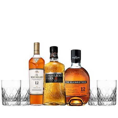 Set Whiskys Coleccion Single Malts 12 Yo Caja x 3 y 4 Vasos Tallados Con Estuche