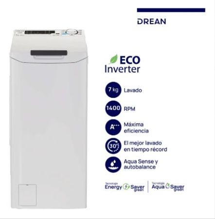 Lavarropas Carga Superior Ecoinverter 7 Kg 1400 RPM Blanco DREAN