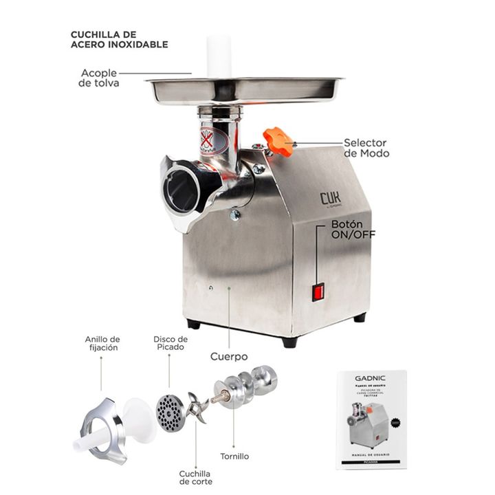 Picadora De Carne Industrial 1 Hp Gadnic Big-P Acero Inoxidable - Vista 7