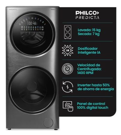 LAVASECARROPAS PHILCO TORRE PREDICTA 15kg/7kg DARK INOX