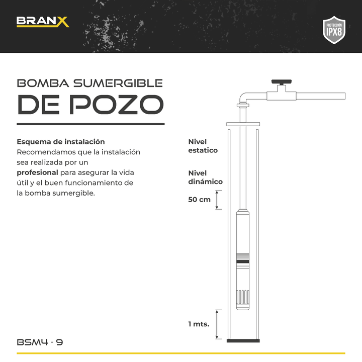 Bomba Sumergible Branx Pozo 1 Hp 4 Pulgadas 6500l/h + Cable Bsm4-9 30m - Vista 4