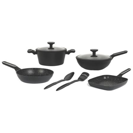 Set De Batería Carol 8 Piezas con Espátulas de Nylon Línea Granito Negro