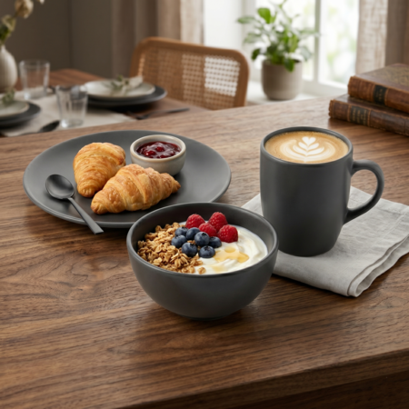 Vajilla 12 Piezas Plato Playo Poste Bowl taza Ceramica Gris Mate