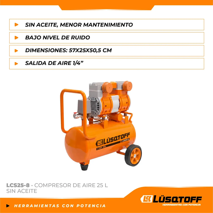 Compresor de Aire 25L Lusqtoff LCS25-8 Sin Aceite Silencioso 1.7Hp - Vista 3