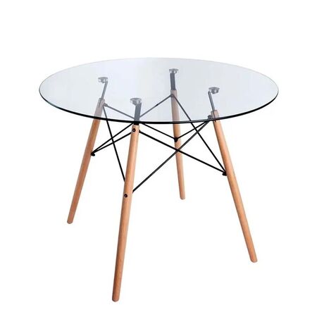 MESA DE VIDRIO EAMES REDONDA 80 CM PATAS DE MADERA