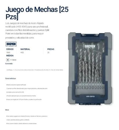 Juego de Mechas Bremen HSS de 1 a 13mm Set 25 Piezas