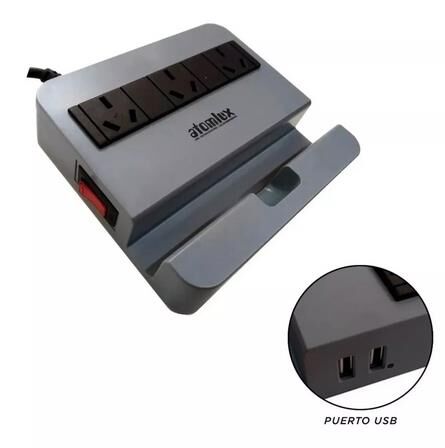 ZAPATILLA ATOMLUX R2200 2 PUERTOS USB, 3 TOMACORRIENTES 3 SALIDAS Y 2MTRS DE CABLE
