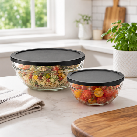 Set x 2 Bowls Ensaladeras Recipientes con Tapa Taper Vidrio Pasabahce