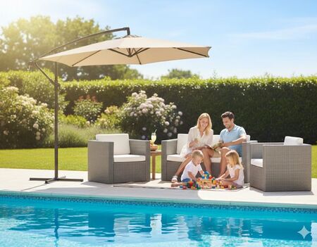 Sombrilla Jardin Lateral Banana Natural Con Base 3 Metros Color Beige Lisa Circle Line