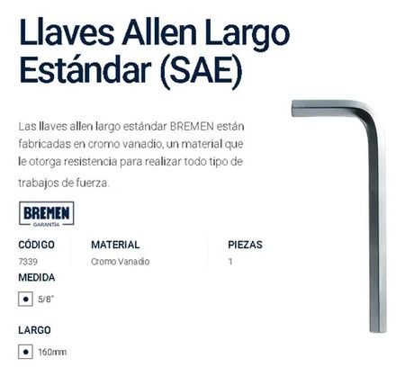 Llave L Allen Bremen 16mm Cromo Vanadio 5/8 Pulgada