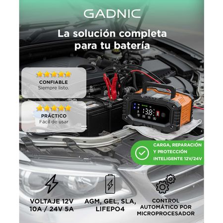 Cargador Inteligente De Batería De Autos y Motos Gadnic CBAT-Armor 12V 24V Mantenedor Portátil Apto Gel Acido LiFePo4