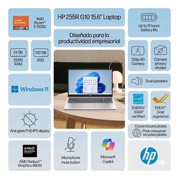Hp 255r G10 Ryzen 5 24gb 512gb Ssd 15.6 Fhd Plata Plata - Vista 2