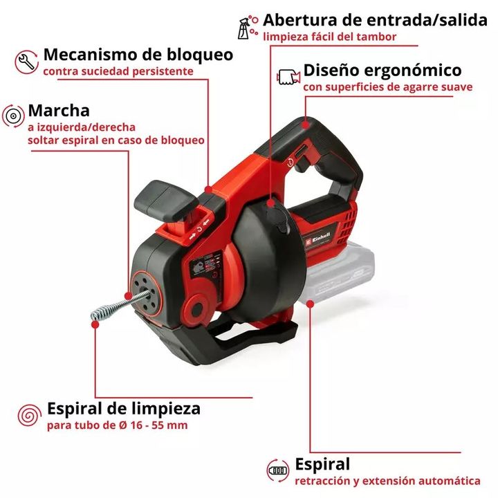 Einhell Limpiador de tuberias inalambrico TE-DA 18/760 Li Solo - Vista 3