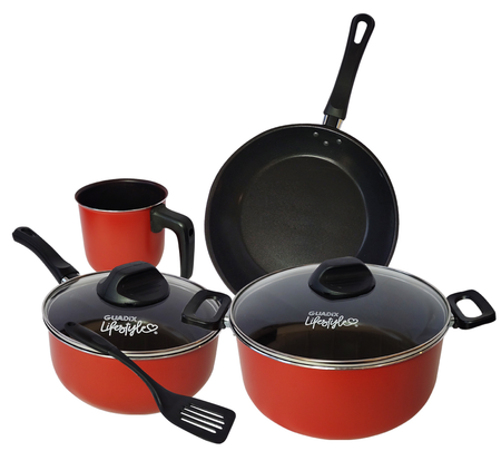 Bateria De Cocina 7 Piezas Roja Guadix Teflon Tapa Vidrio Rojo