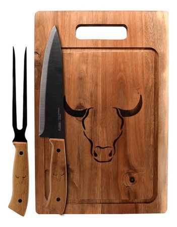 Set Cuchillo Tenedor Tabla Wayu Asado Parrilla Acero Inox