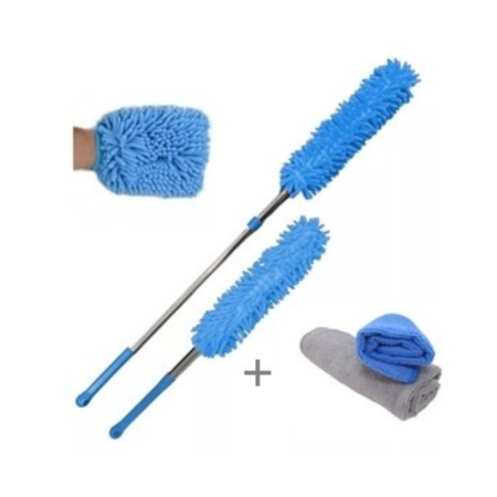 Plumero extensible lavable + manopla microfibra + 2 paños multiuso