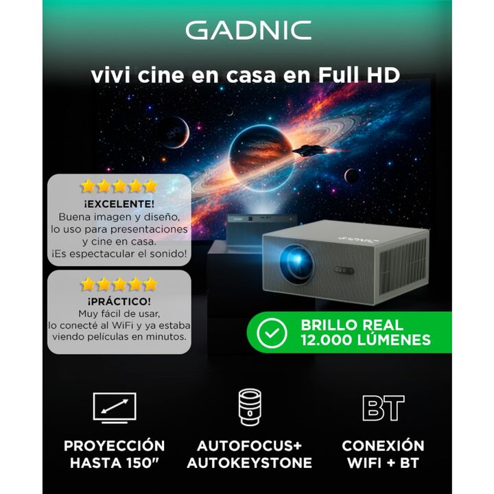 Proyector Gadnic C45 FHD 12000 Lúmenes Android TV AutoFocus AutoKeystone Bolso Transportador Cable HDMI - Vista 2