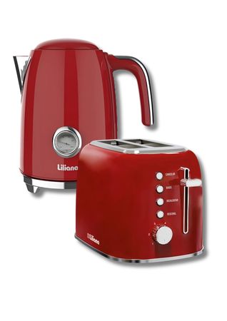 Pava Electrica Liliana Roja 1.7L y Tostadora Liliana Retrotoast Roja