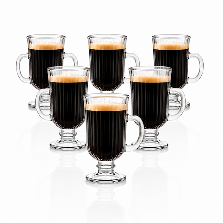 Set x6 Jarro Taza Vidrio Jarrito  Pie y Manija Cafe Facetados 130 ml Aston