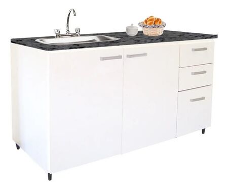 Bajo Mesada 1.40 X 0.58 Melamina Platinum 2 puertas 3 cajones Blanca